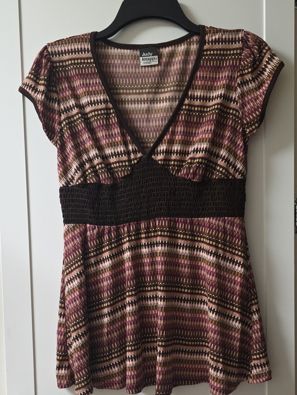 Judy Knapp V-Neck Empire Waist Short Sleeve Blouse - Brown/Pink Pattern Size M